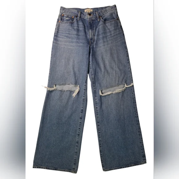 Madewell Women's Superwide Leg Jeans In Amcliffe Wash Knee Rip Edition Size 30 - Picture 10 of 15